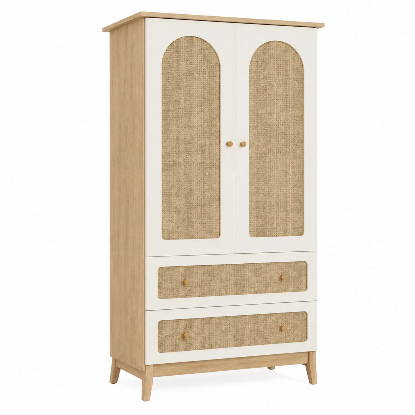 Armoire en bois et osier beige et blanc