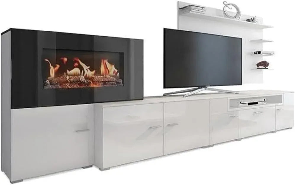 Meuble de Salon équipé de cheminée électrique, 5 Niveaux de Flamme, Skraut Home, 290x170x45cm, Couleur Blanc Mat et laqué Blanc Brillant