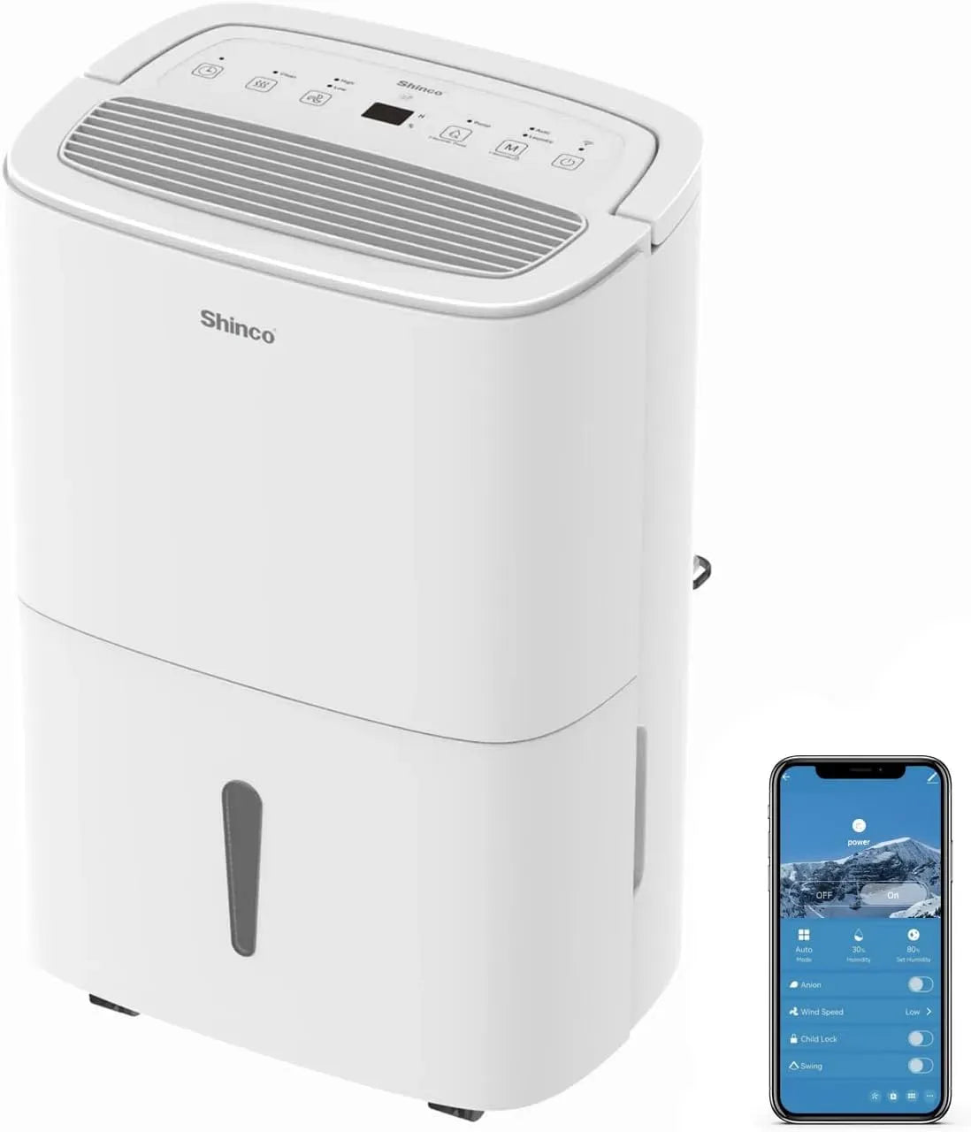 Sèche-linge, SHINCO WIFI 50L/Jour 24h, portable, minuteur, Wi-Fi, blanc, Déshumidificateur Portable avec Pompe de Relevage