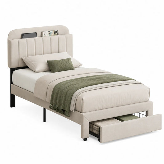 Lit simple avec tiroirs de rangement en tissu beige