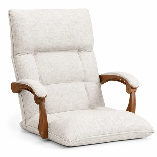 Chaise de Salon Réglable en Tissu Beige avec Accoudoirs en Bois