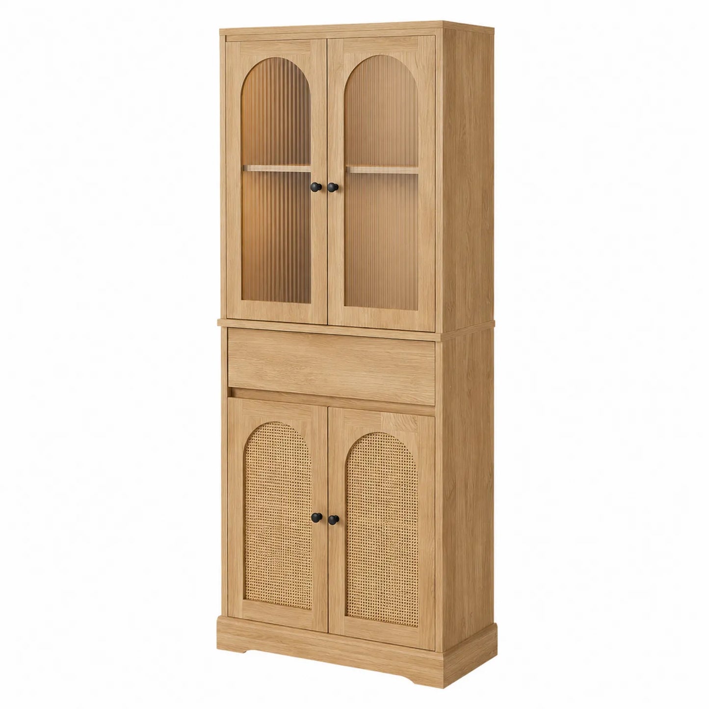 Buffet en bois avec portes en verre strié et rotin 200x80x40 cm