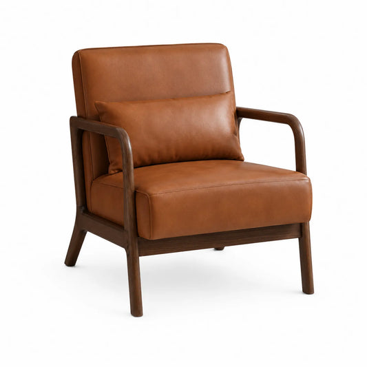 Fauteuil en bois et cuir synthétique marron