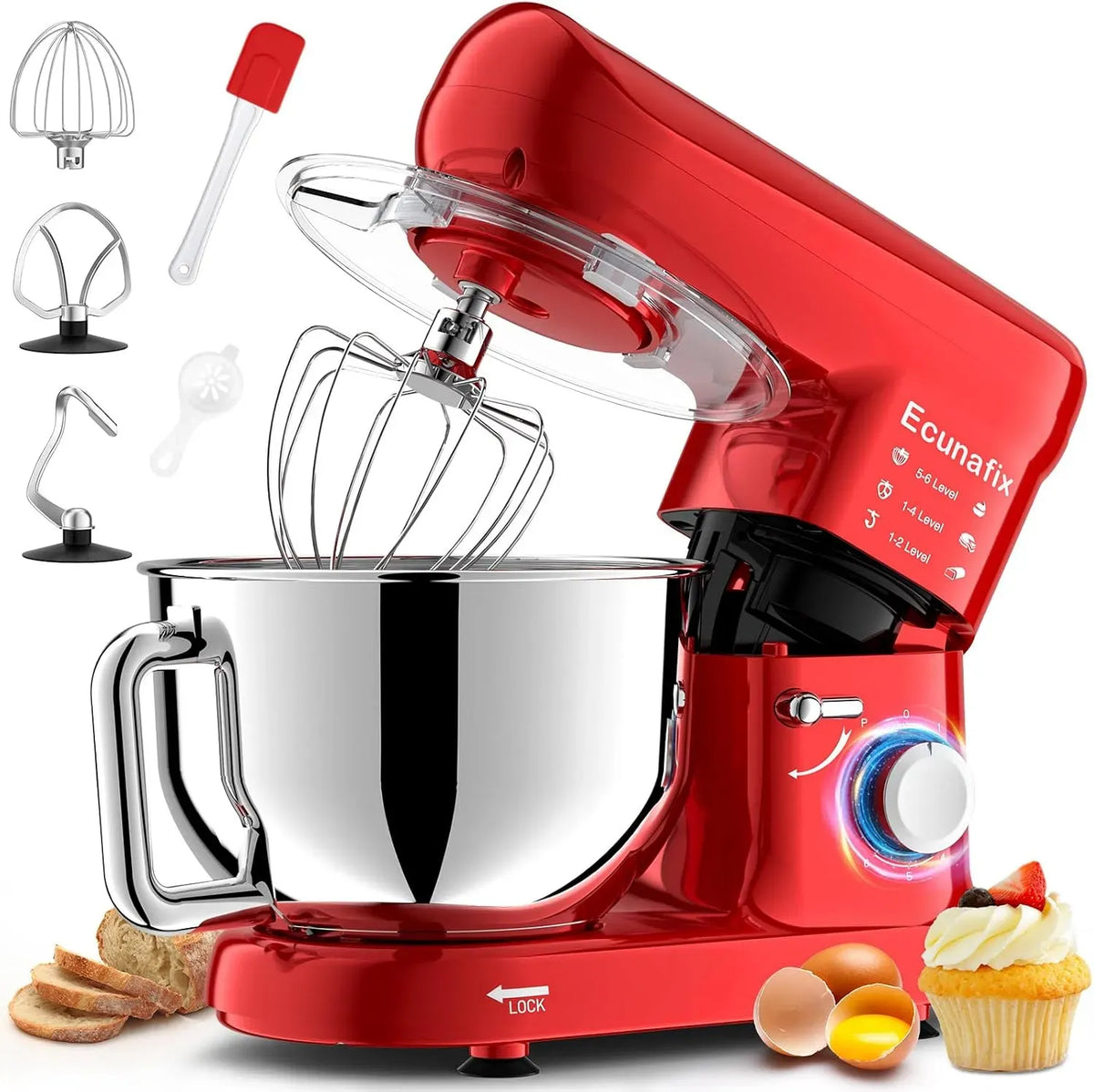 6+P Vitesses, Patissier, pour Pétrin Professionnel avec Crochet Pétrisseur, 2000W Cuisine Multifonctions 6,5L Faible Bruit, Batteur, Fouet à Fil