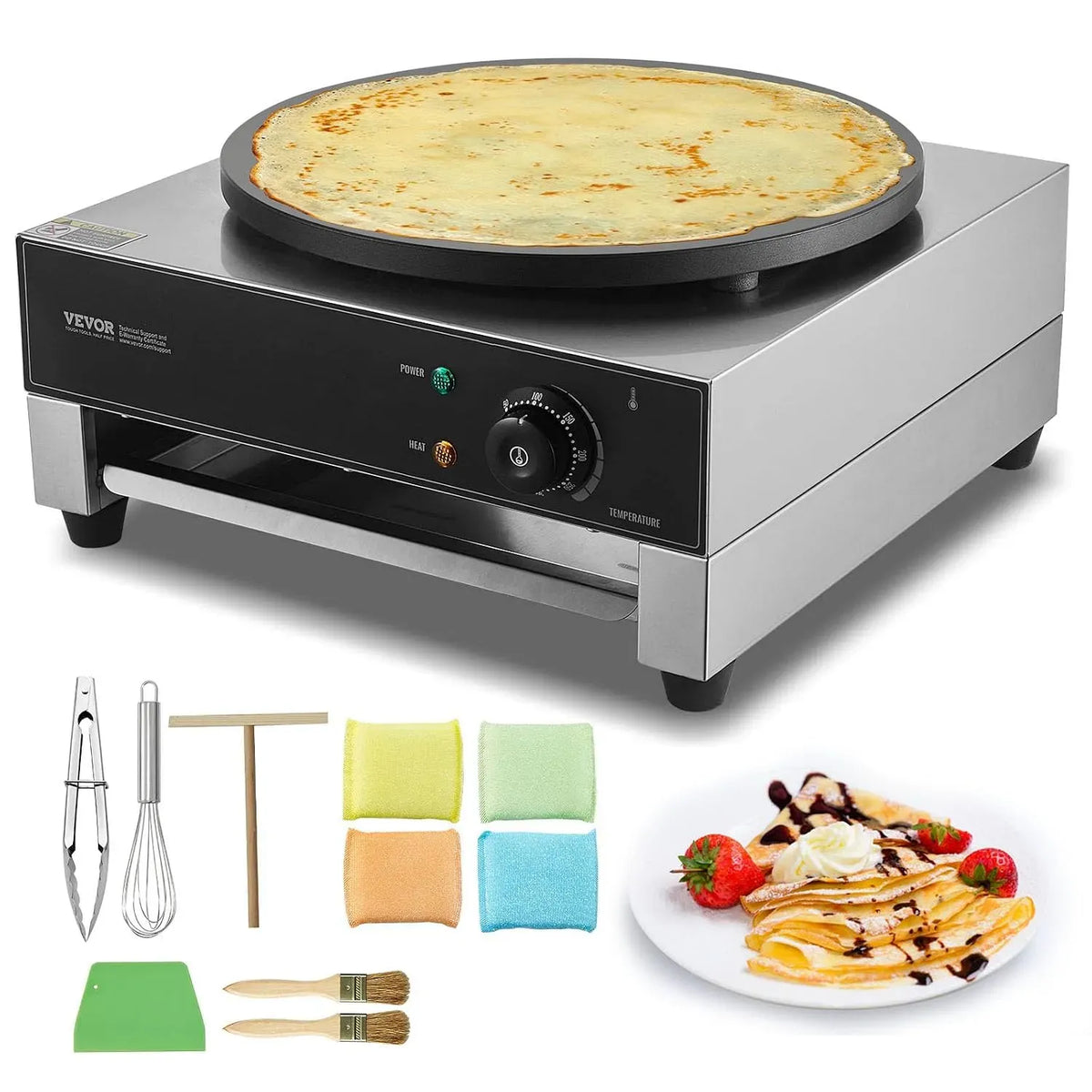 VEVOR Machine à Crêpes, 40 cm, 1700 W, professionnel, restaurant, acier inoxydable, fonction chauffante