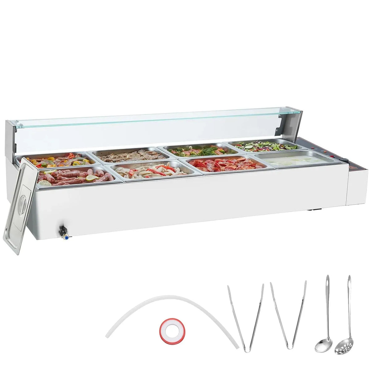 VEVOR Écran en Verre, Buffet Chauffant en INOX, Chauffe-Plat Buffet à 8 Bacs de 7,6 L, Bain-Marie Électrique 1700 W, Température Réglable 30-85 °C