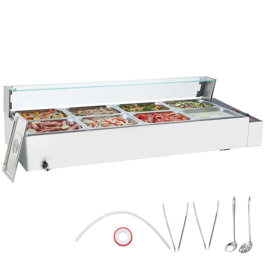 VEVOR Écran en Verre, Buffet Chauffant en INOX, Chauffe-Plat Buffet à 8 Bacs de 7,6 L, Bain-Marie Électrique 1700 W, Température Réglable 30-85 °C