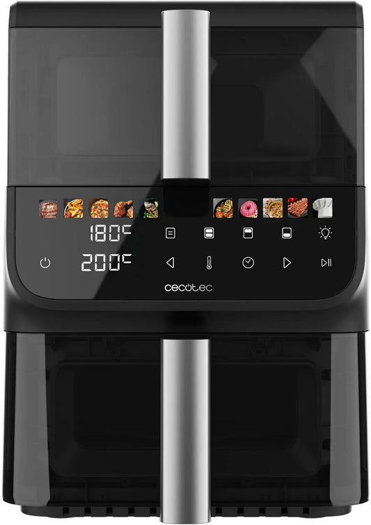 Cecotec Friteuse à air chaud, 10 L, 2000 W, 80 à 200 °C, tactile, 2 zones de température, Panneau Tactile, 2 Cuves de 3, 3.5 L, 6.5 L