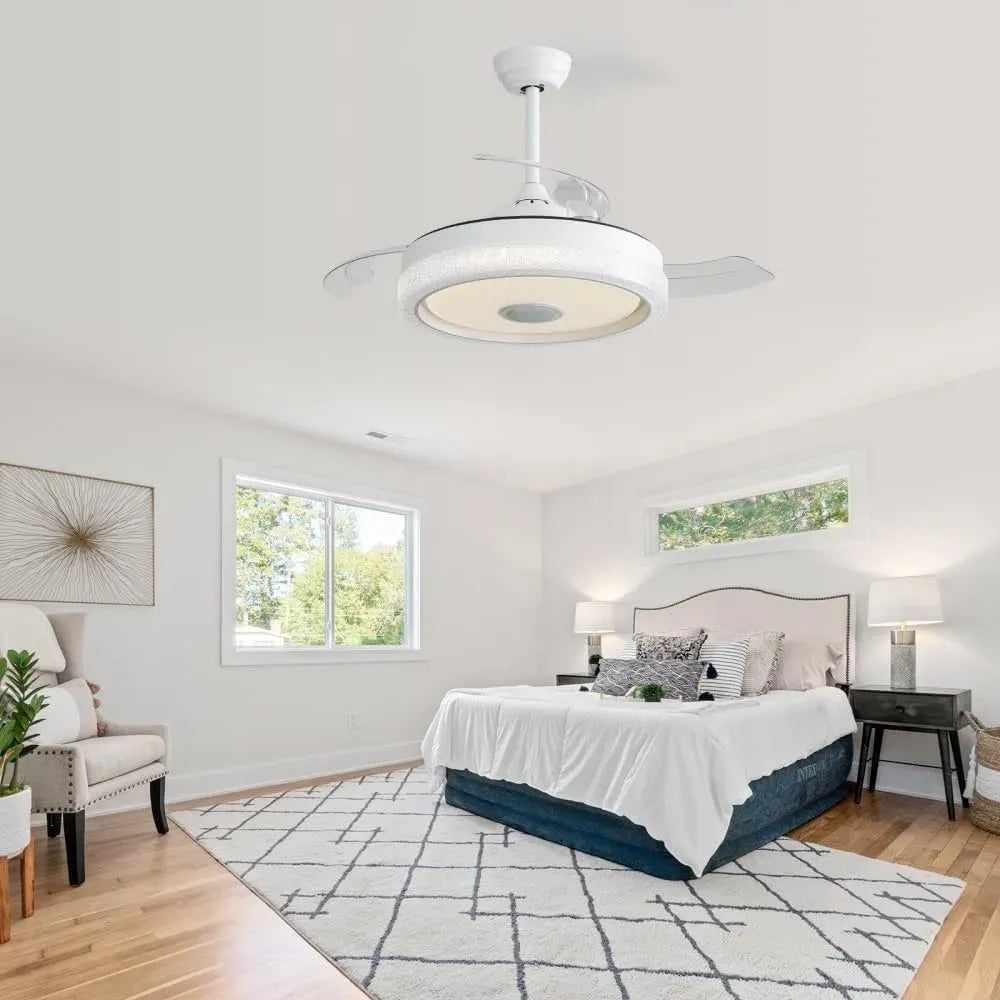 Ventilateur, 107 cm, 32 W, éclairage LED, décoration de salon, 3 pales ABS, moteur DC réversible, 6 vitesses