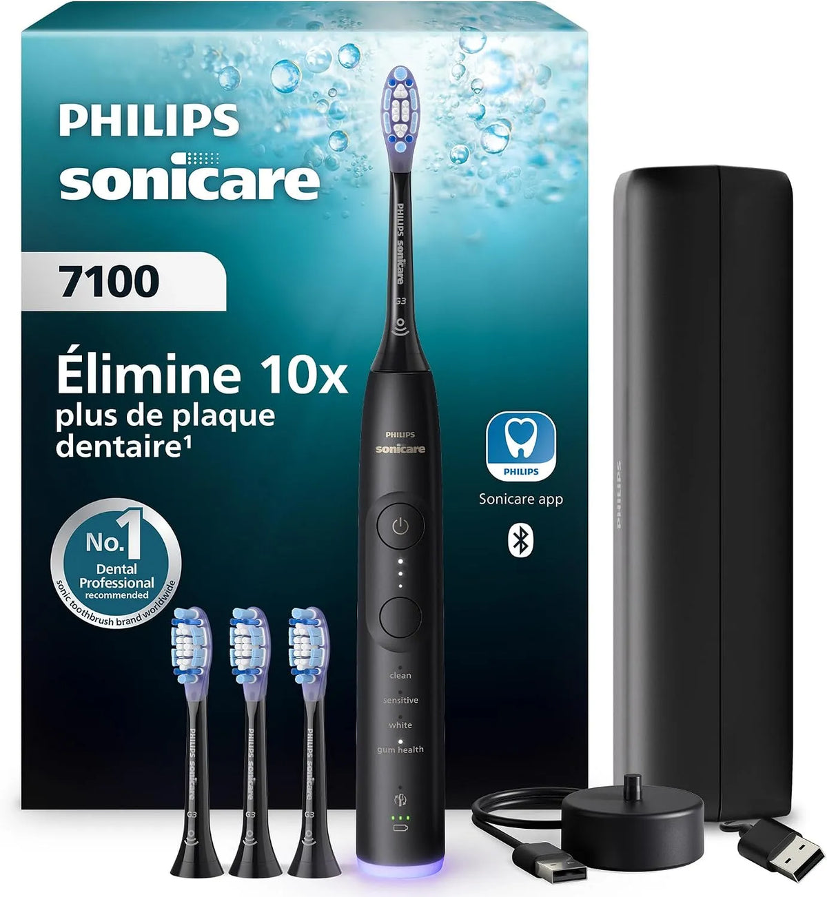 Philips HX7421/08 Brosse, brosse à dents rechargeable, minuteur, application, 3 niveaux, dalle IPS, 4 modes, noir