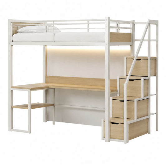 Lit mezzanine avec bureau intégré et escalier de rangement en métal et bois Blanc/Chêne