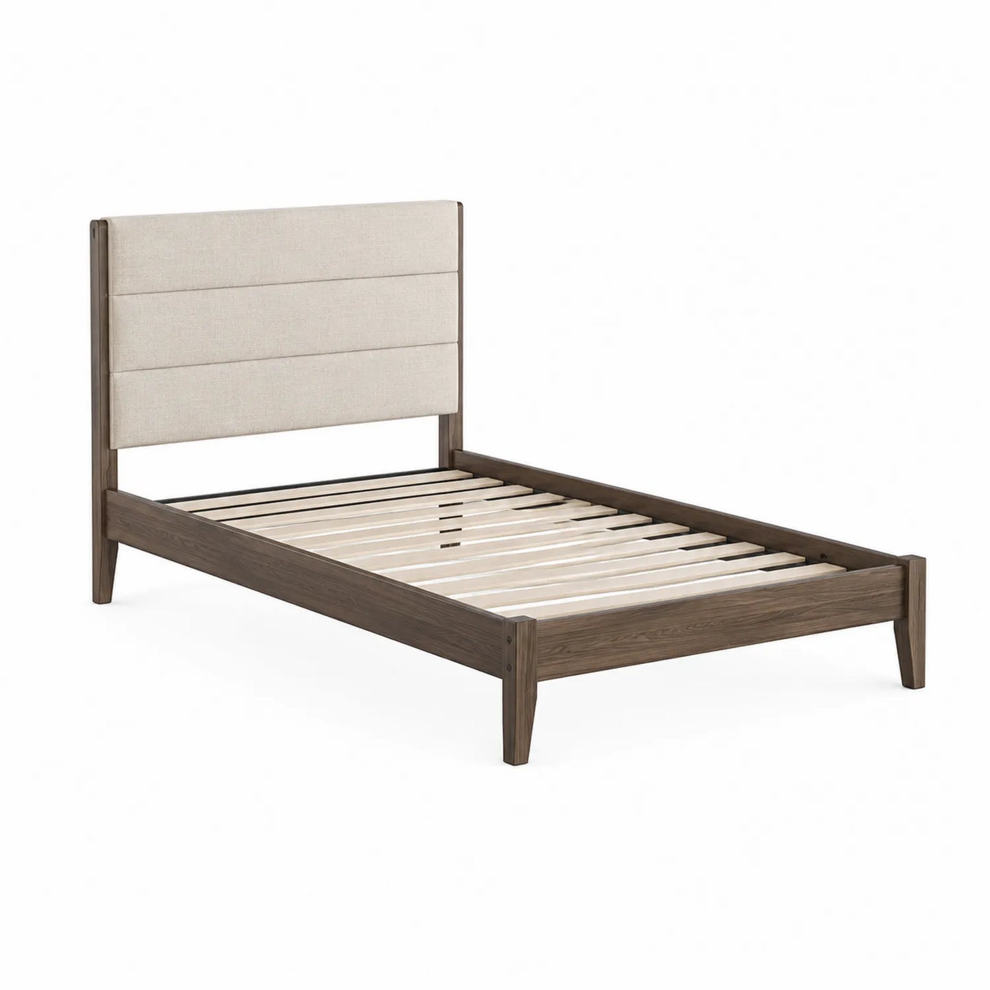 Lit simple en bois avec tête de lit en tissu beige 200x90 cm