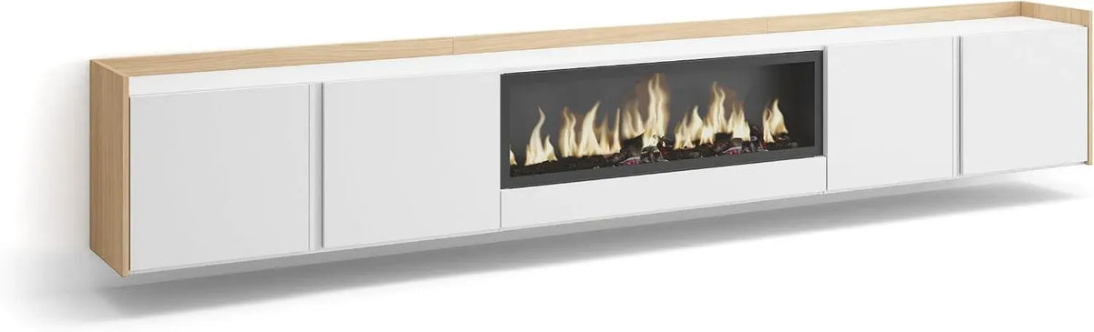 Meuble TV, 80 pouces, 315x50x35 cm, blanc, pour écrans jusqu'à 80', Cheminée électrique XXL