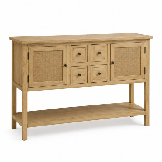 Buffet en bois de chêne clair et rotin