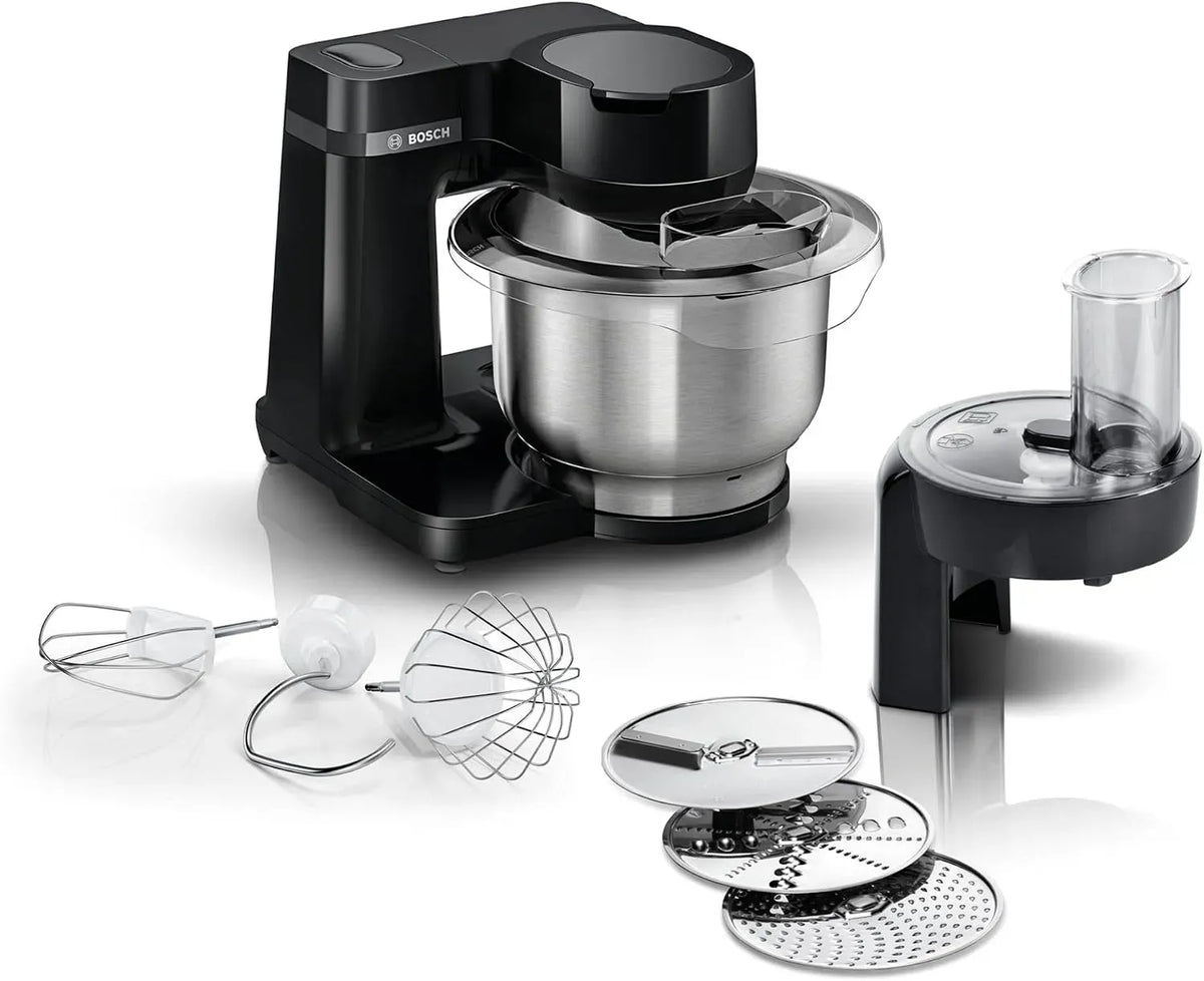 Bosch Serie 2 MUMS2EB01 Robot de cuisine, 3,8 L, 700 W, pâtisserie, acier inoxydable, noir, kit de pâtis en acier inoxydable, hachoir et 3 tranches
