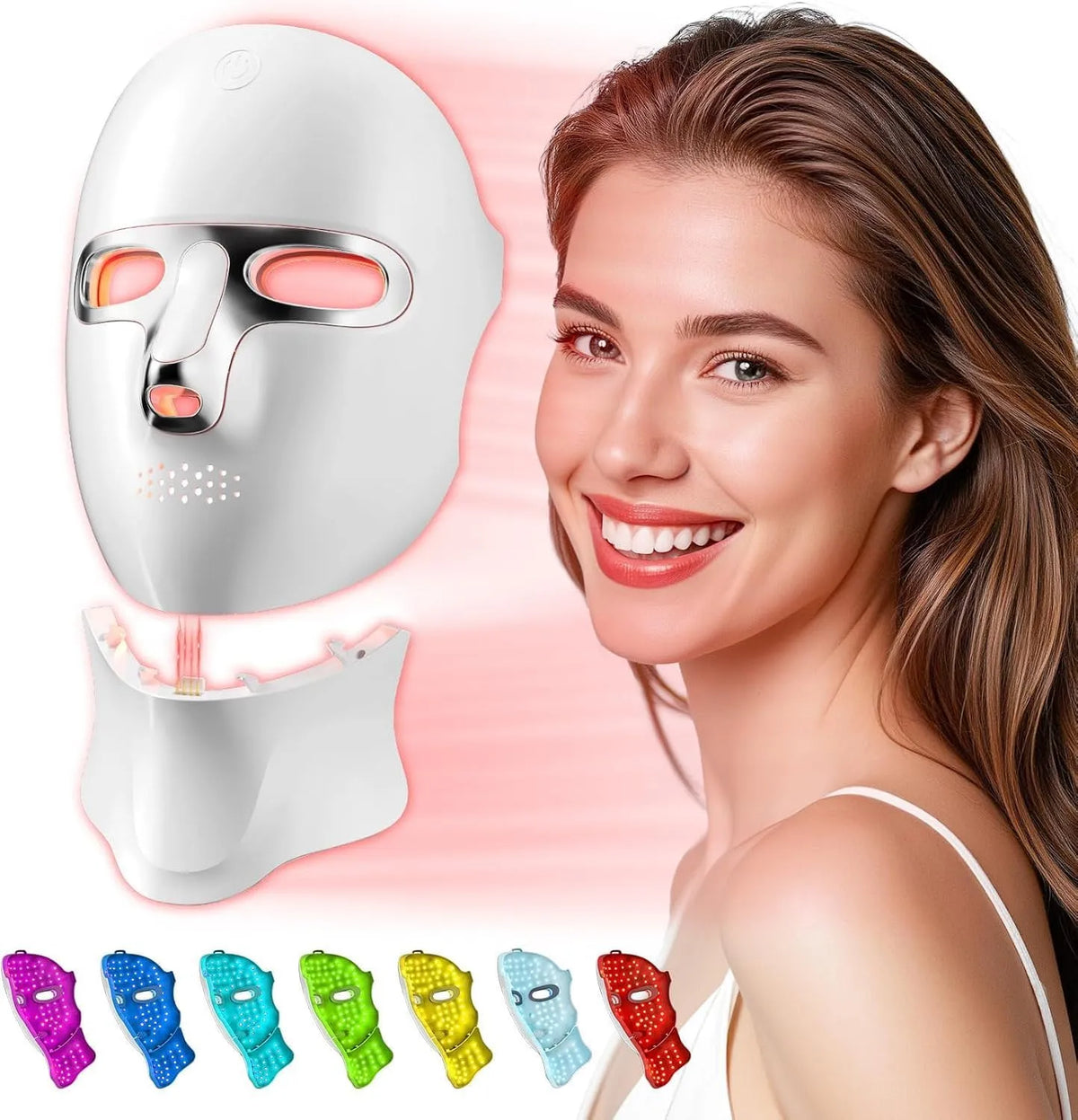 télécommande, Masque facial LED, 7 couleurs lumière rouge et lumière infrarouge proche, 120 LED, Masque LED anti-âge et thérapie de la lumière du cou