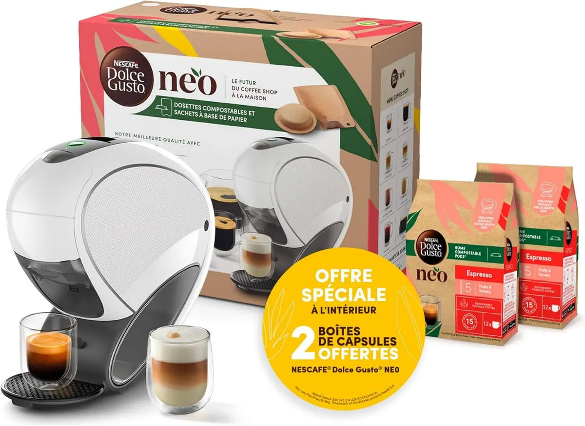 Krups Cafetière électrique, blanc, Nescafé Dolce Gusto NEO Latté Machine à café + 24 dosettes, Extraction 3 en 1