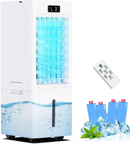 Climatiseur 1-12H, 6 L, portable, minuteur, 3 vitesses, grand réservoir, silencieux, 4 Pack Glacons, Rafraîchisseur d'Air avec Réservoir 6L
