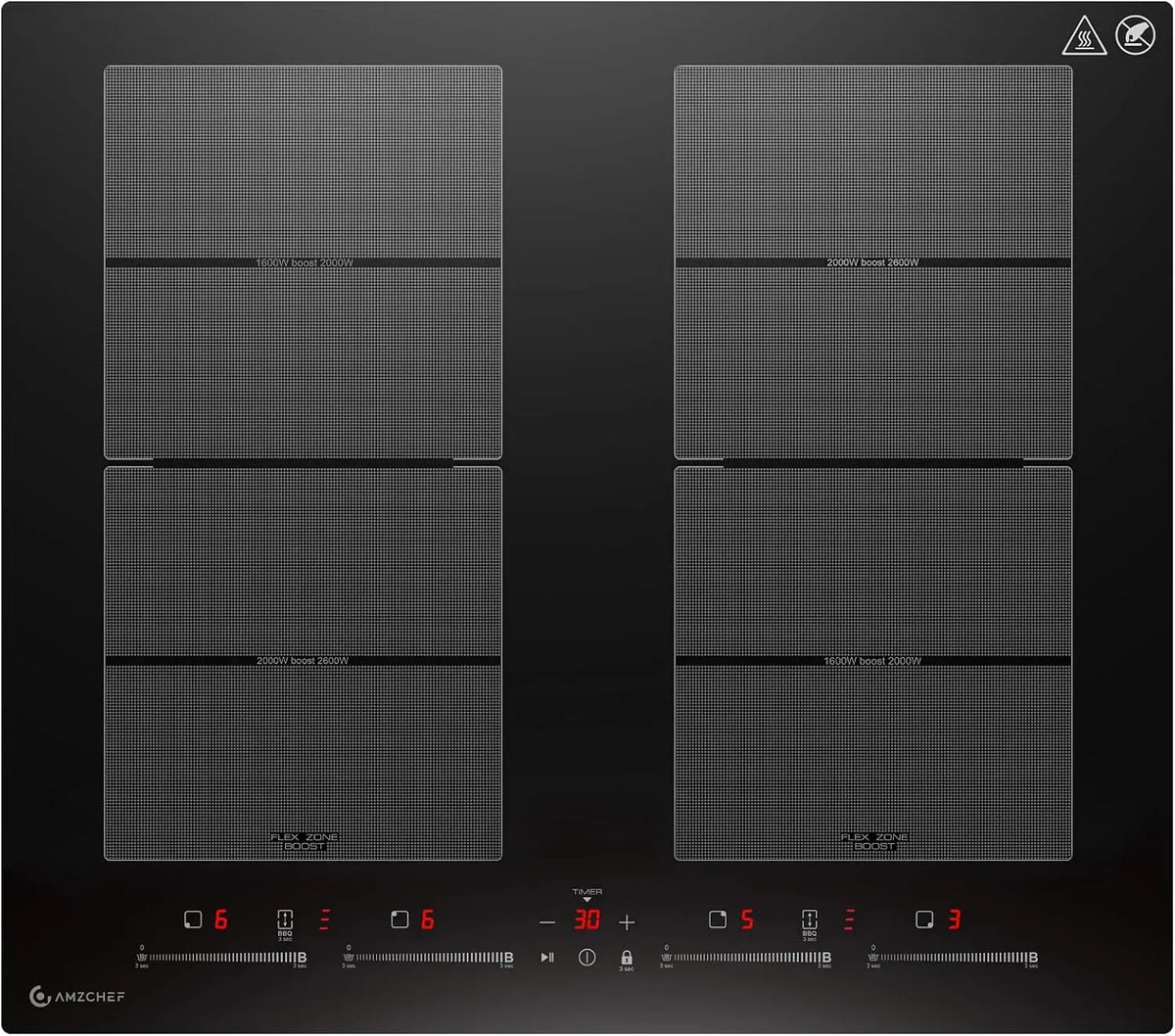 Plaque à induction, 60cm, 7400 W, table de cuisson à induction, AMZCHEF, zone flexible, Boost, maintien au chaud, silencieux, BBQ Funktion